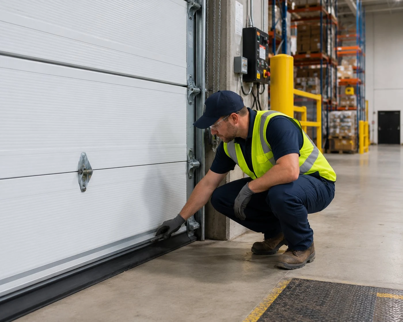 Commercial garage door technician servicing overhead door Columbus Ohio