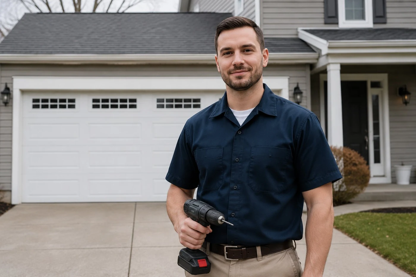Columbus Garage Door Service technician in residential driveway, Columbus Ohio