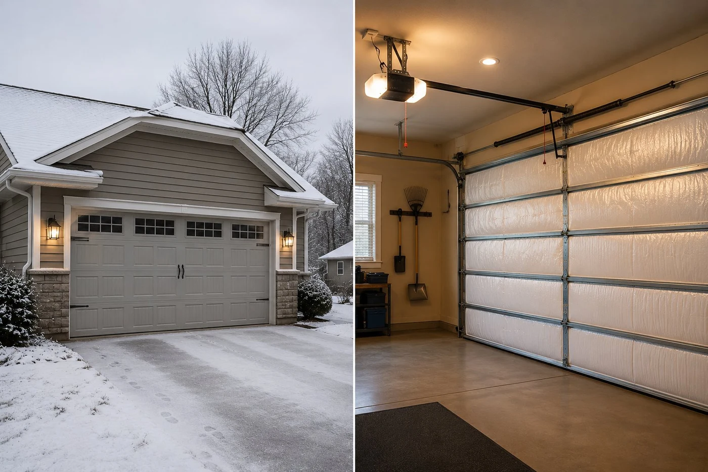 Insulated garage door Columbus Ohio - winter exterior vs warm garage interior