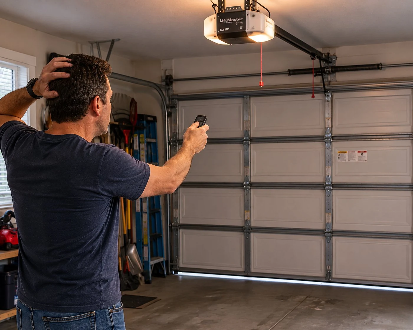 Homeowner pointing remote at garage door opener — door not responding Columbus Ohio