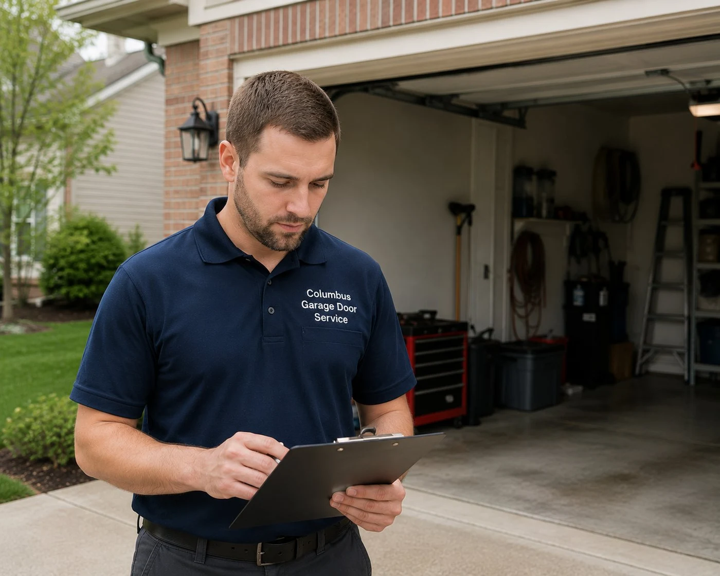 Garage door repair cost Columbus Ohio — technician with estimate