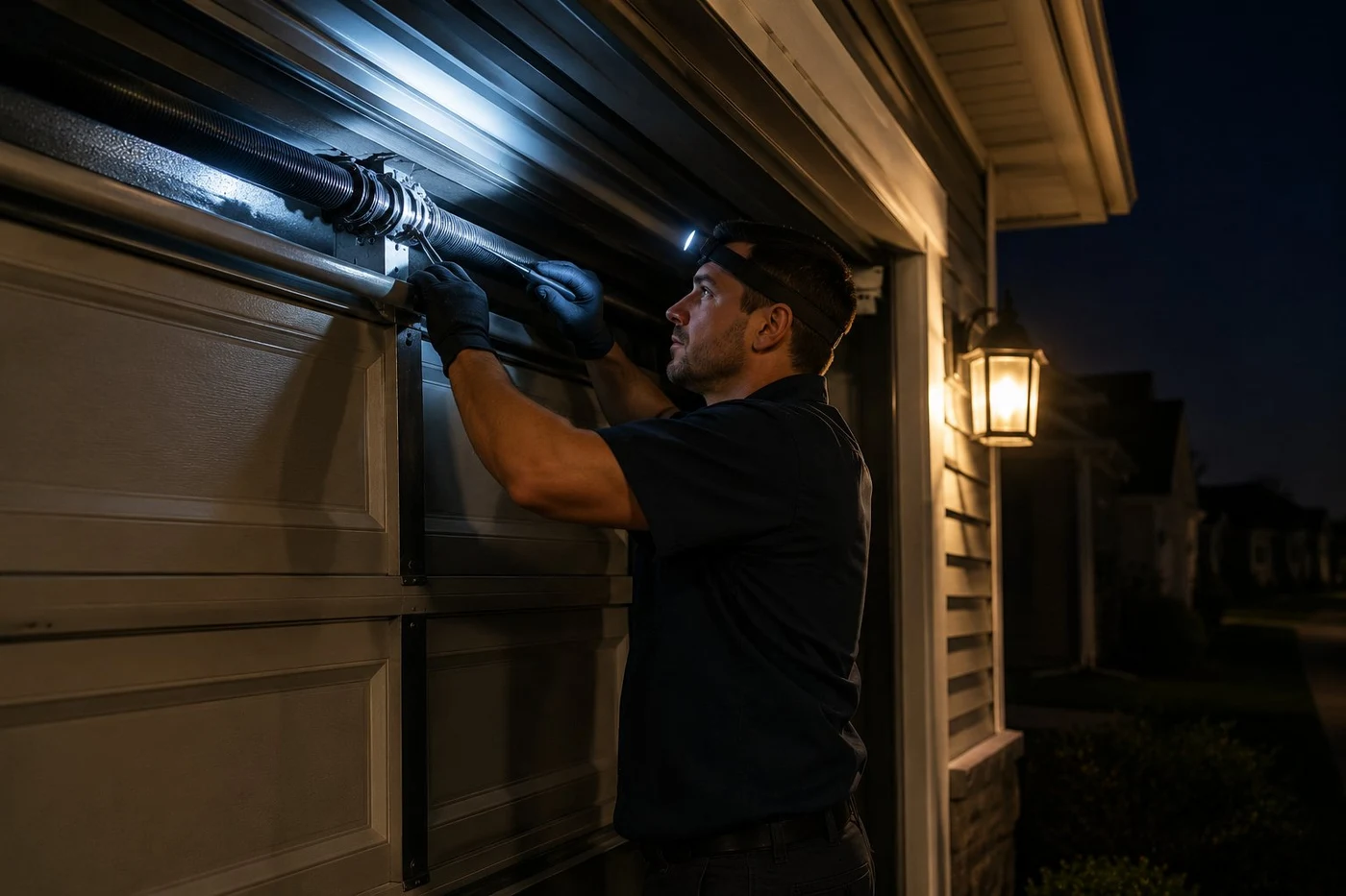 Garage door technician making emergency repair in Columbus Ohio at night