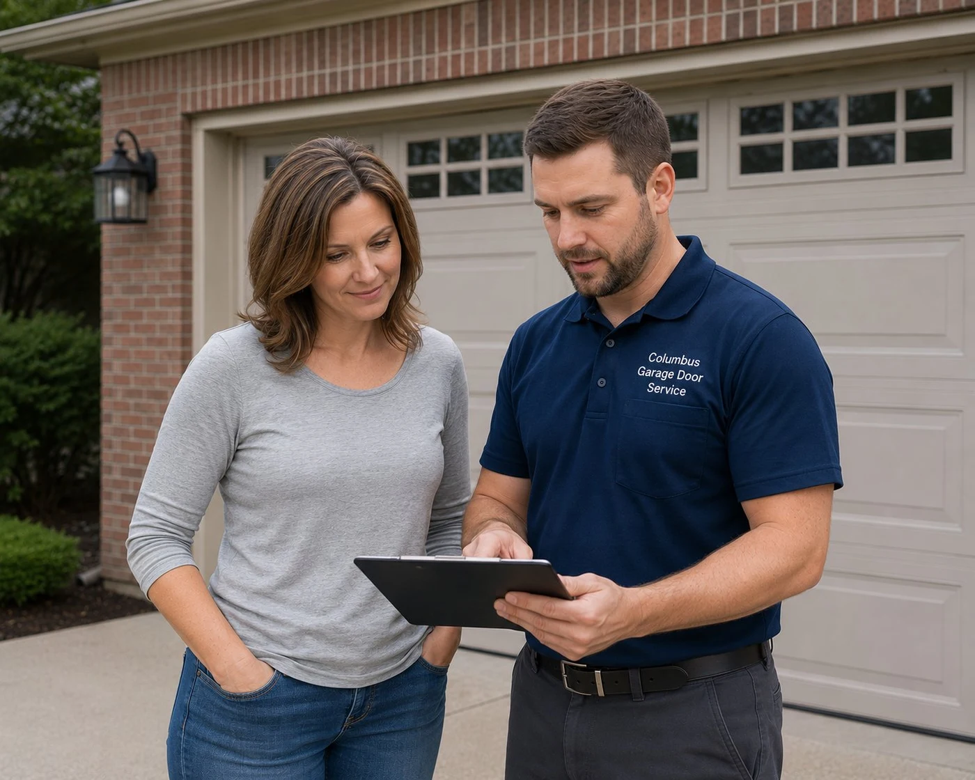 Garage door replacement cost Columbus Ohio - homeowner and technician reviewing quote