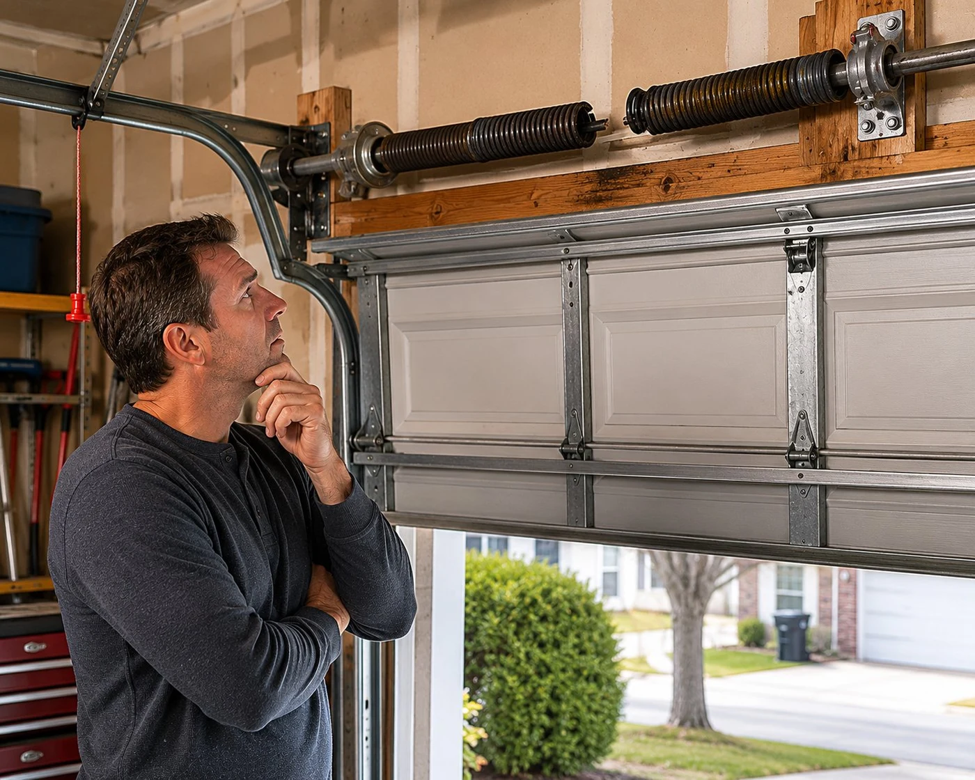 Homeowner looking at broken garage door spring Columbus Ohio