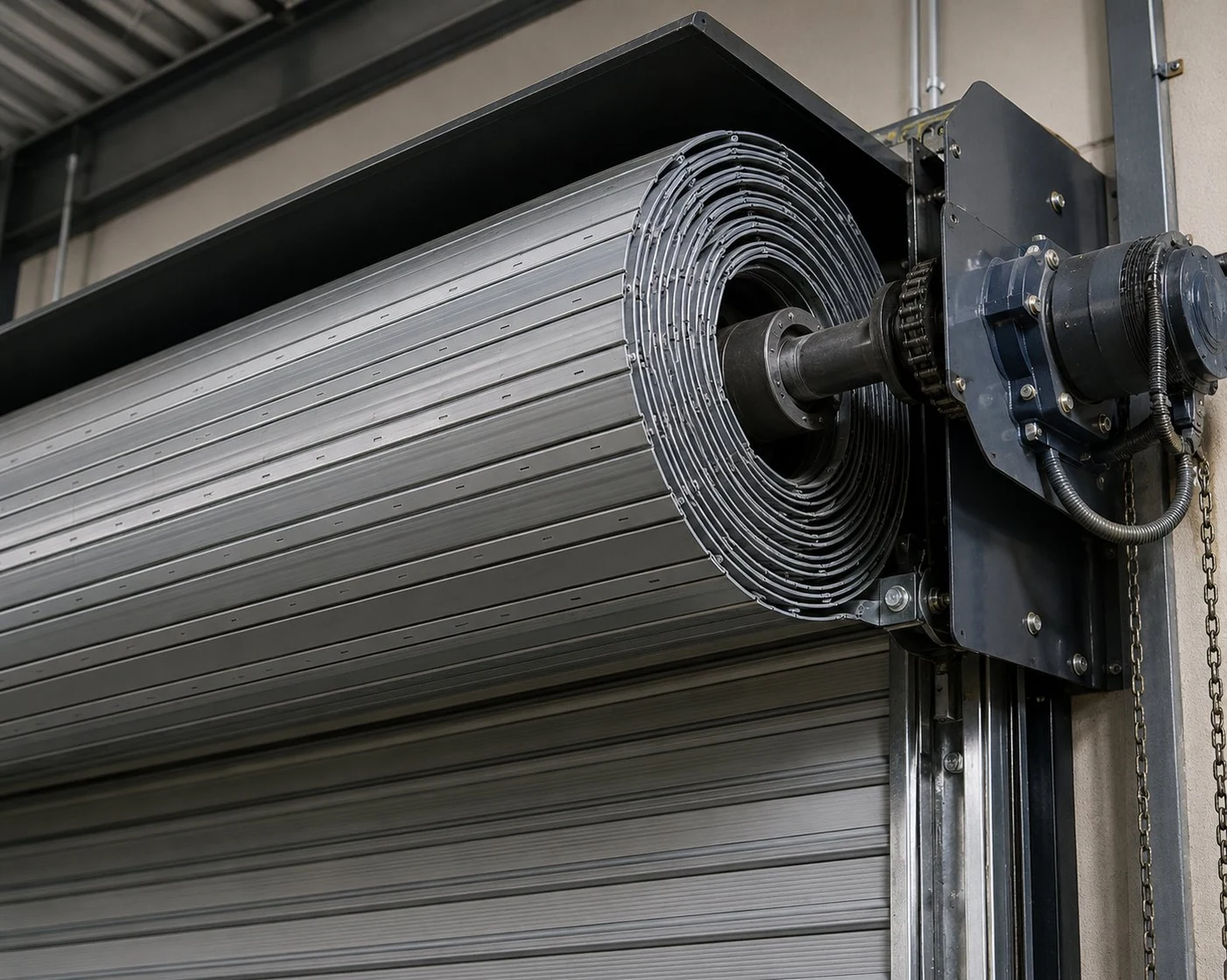Roll-up garage door repair Columbus Ohio - commercial coil and drive mechanism